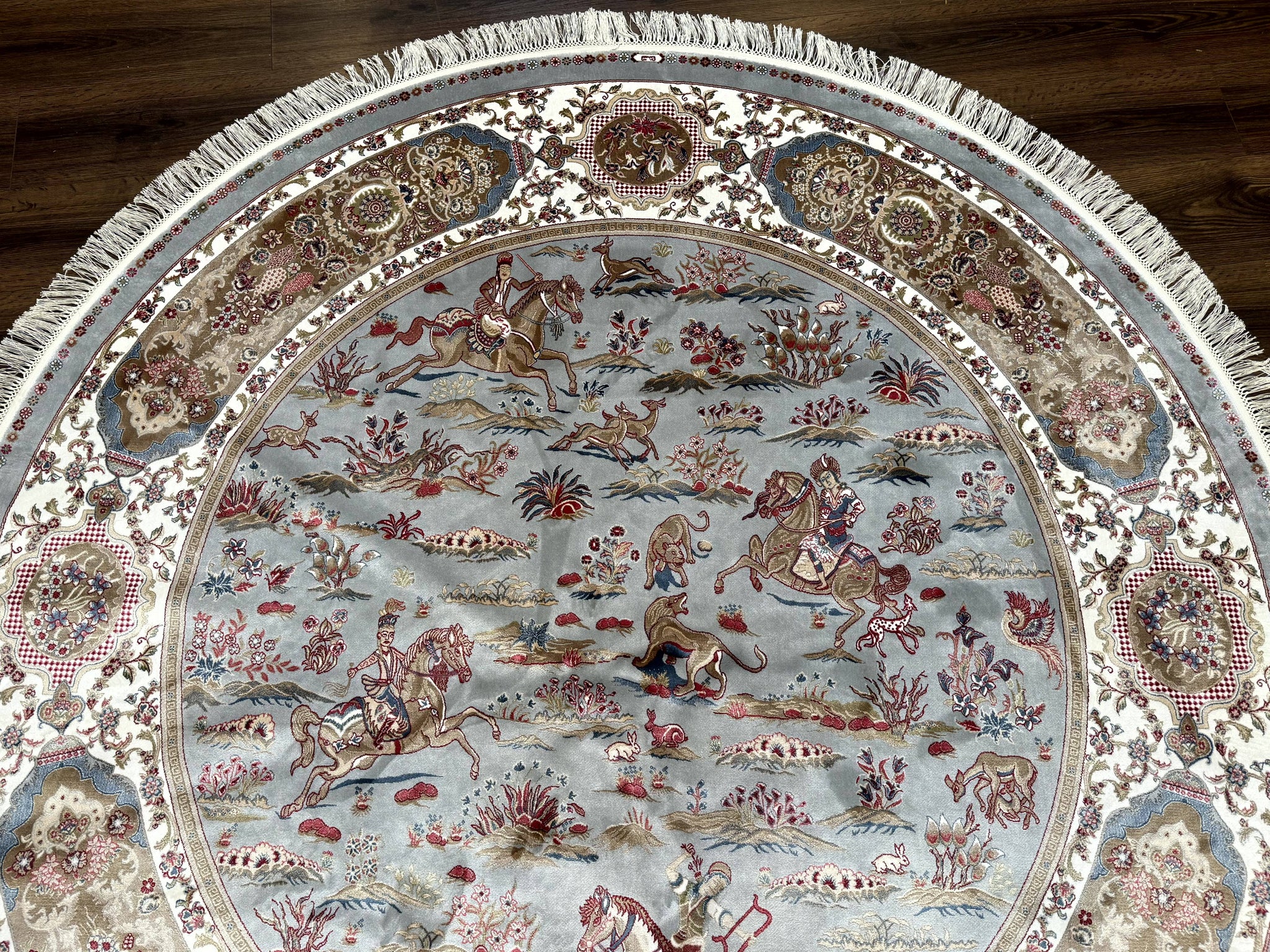 Round Silk Rug 6x6, Hunting Design, Bamboo Silk, Animal Pictorials by Jewel Rugs