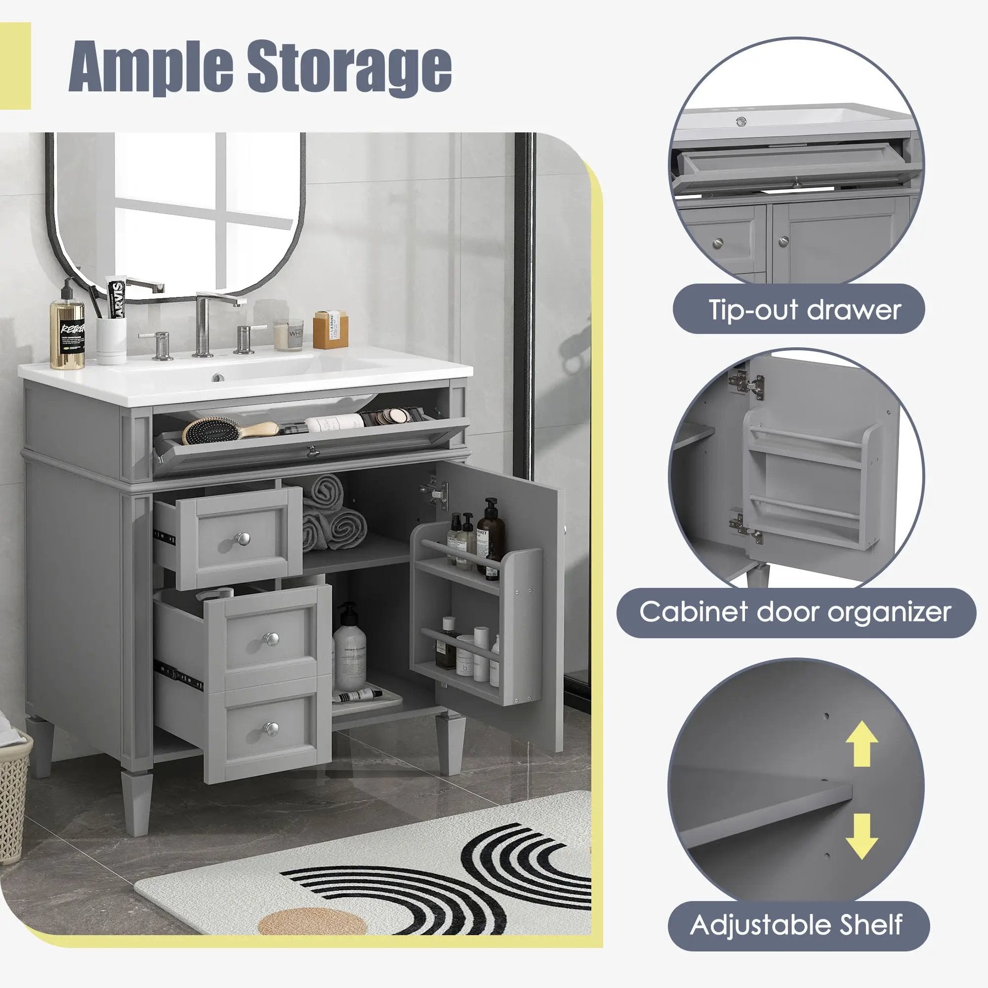 Bathroom Vanity With Top Sink, Storage Cabinet With 2 Drawers, Tip Out Drawer by Unique Piece Furniture