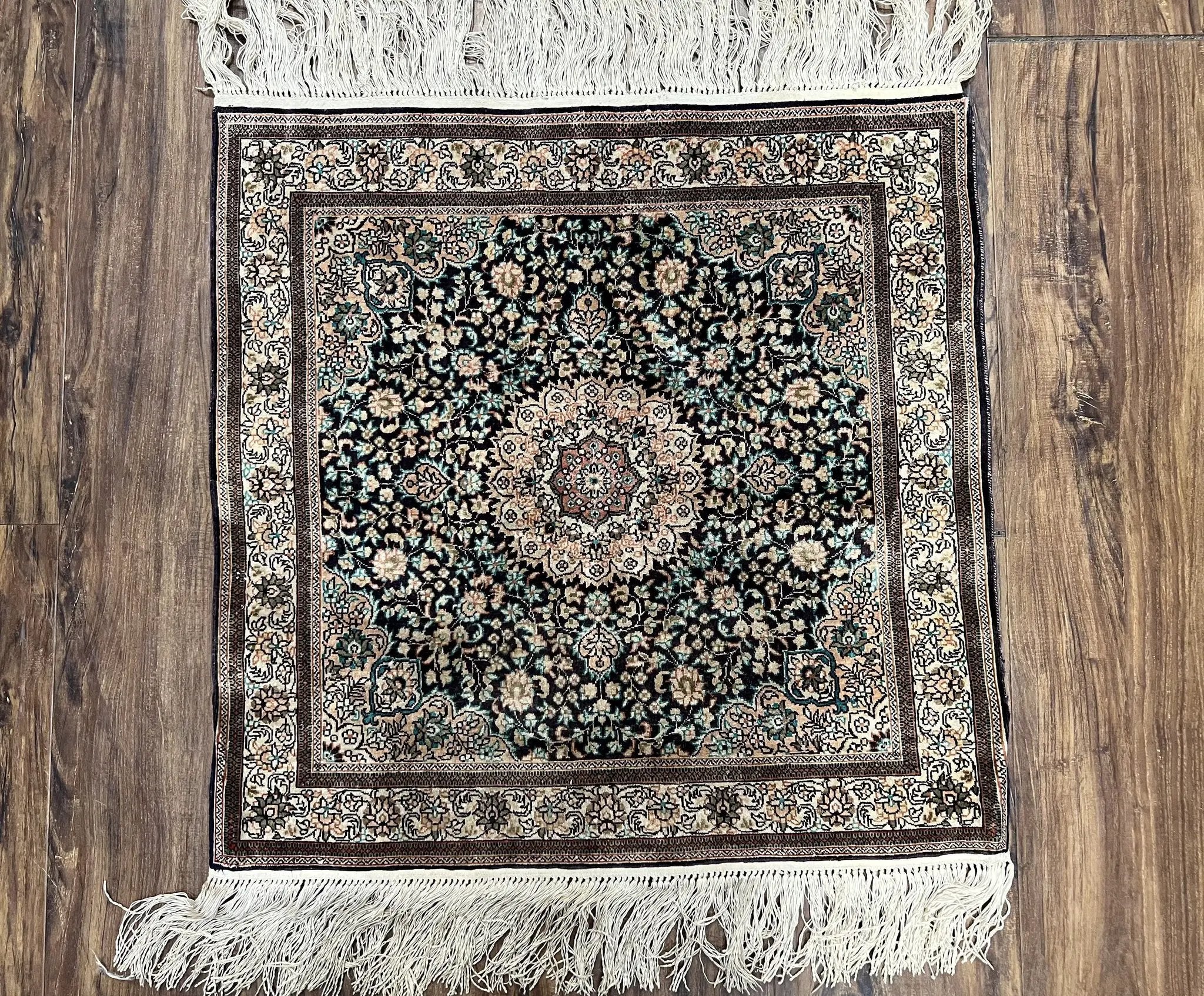 Sino Persian Silk Rug 2x2 ft, Very Fine High KPSI Small Silk Oriental Carpet, Hand-Knotted, Medallion, Vintage Silk Rug, Black Ivory/Cream by Jewel Rugs