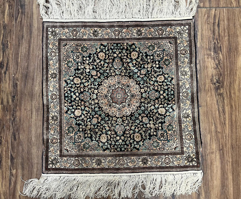 Sino Persian Silk Rug 2x2 ft, Very Fine High KPSI Small Silk Oriental Carpet, Hand-Knotted, Medallion, Vintage Silk Rug, Black Ivory/Cream by Jewel Rugs