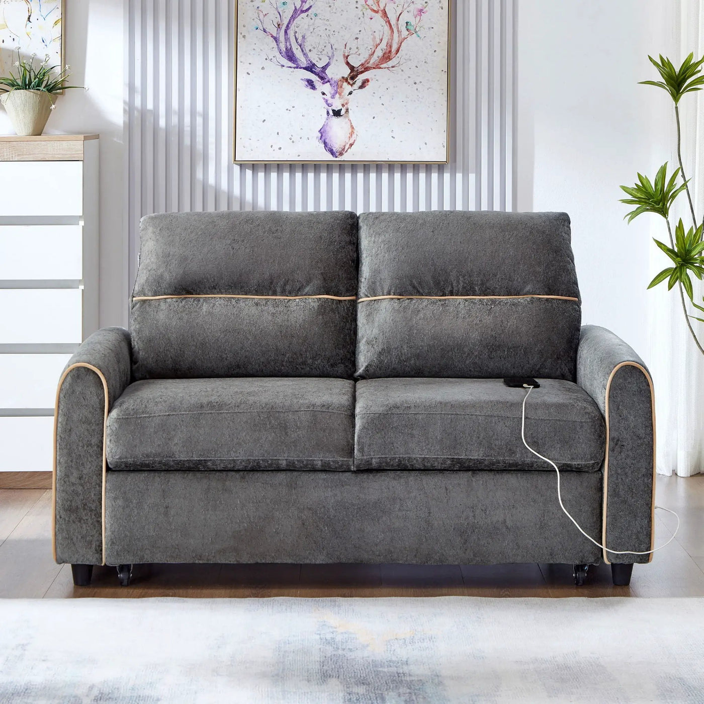 Pull Out Sofa Bed With Adjustable 3 Position Backrest, USB Charging Ports, Side Pockets by Unique Piece Furniture