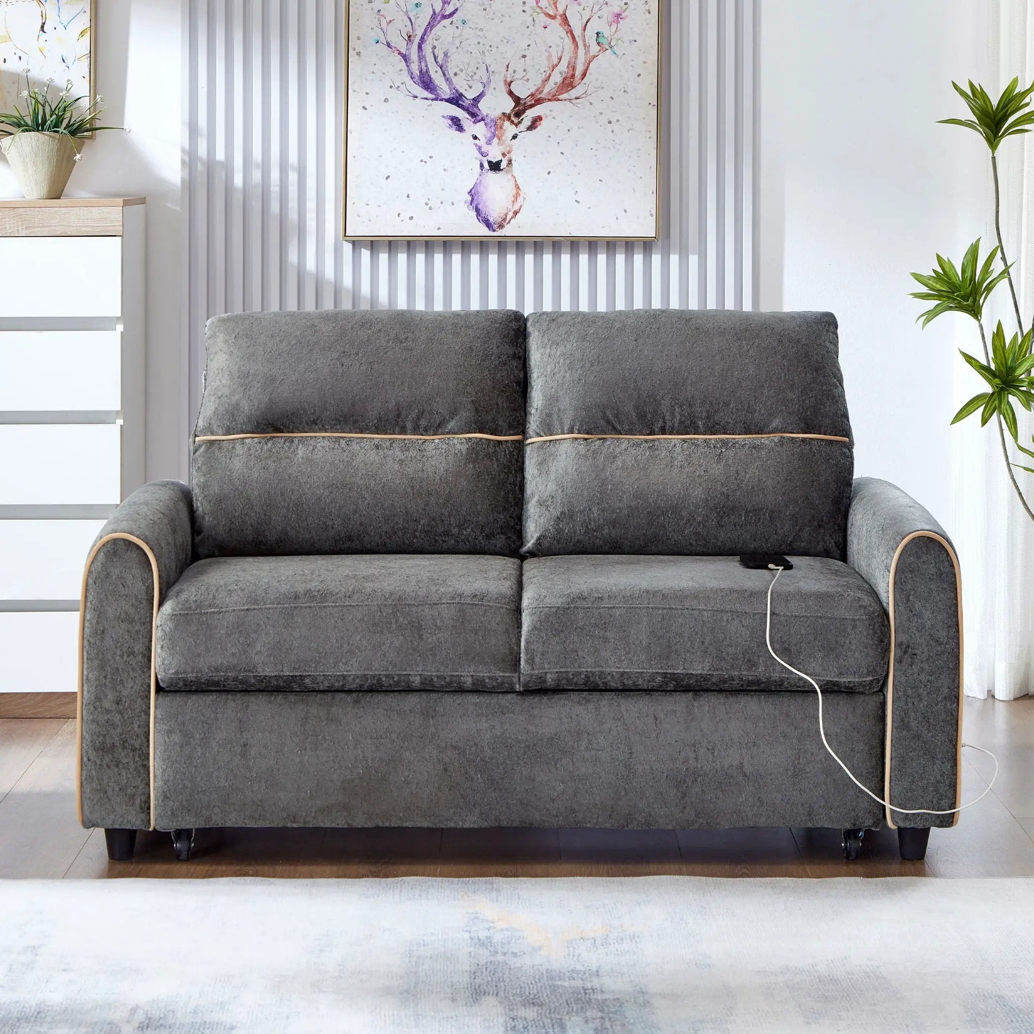 Pull Out Sofa Bed With Adjustable 3 Position Backrest, USB Charging Ports, Side Pockets by Unique Piece Furniture