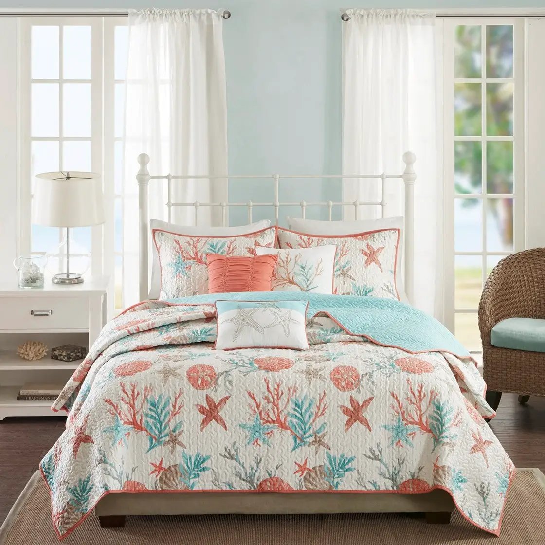 6 Piece Cotton Sateen Quilt Set with Throw Pillows Coral Full/Queen by HouseOfZazla