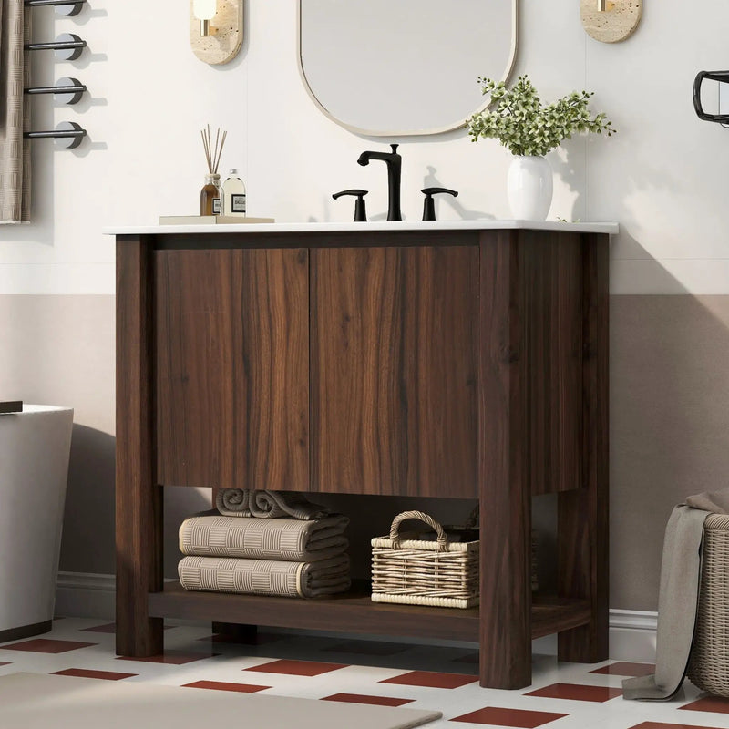 Modern Bathroom Vanity With Rectangle Ceramic Sink, Soft Closing Doors