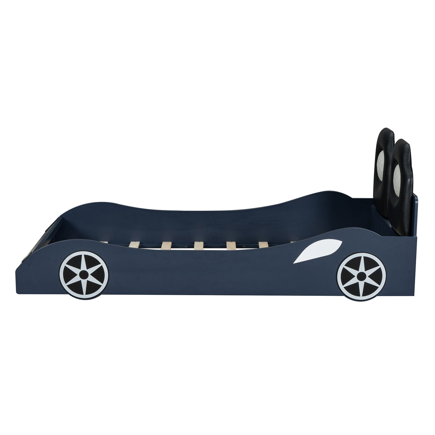 Race Car Shaped Platform Bed With LED And Upholstered Backrest In by HouseOfZazla