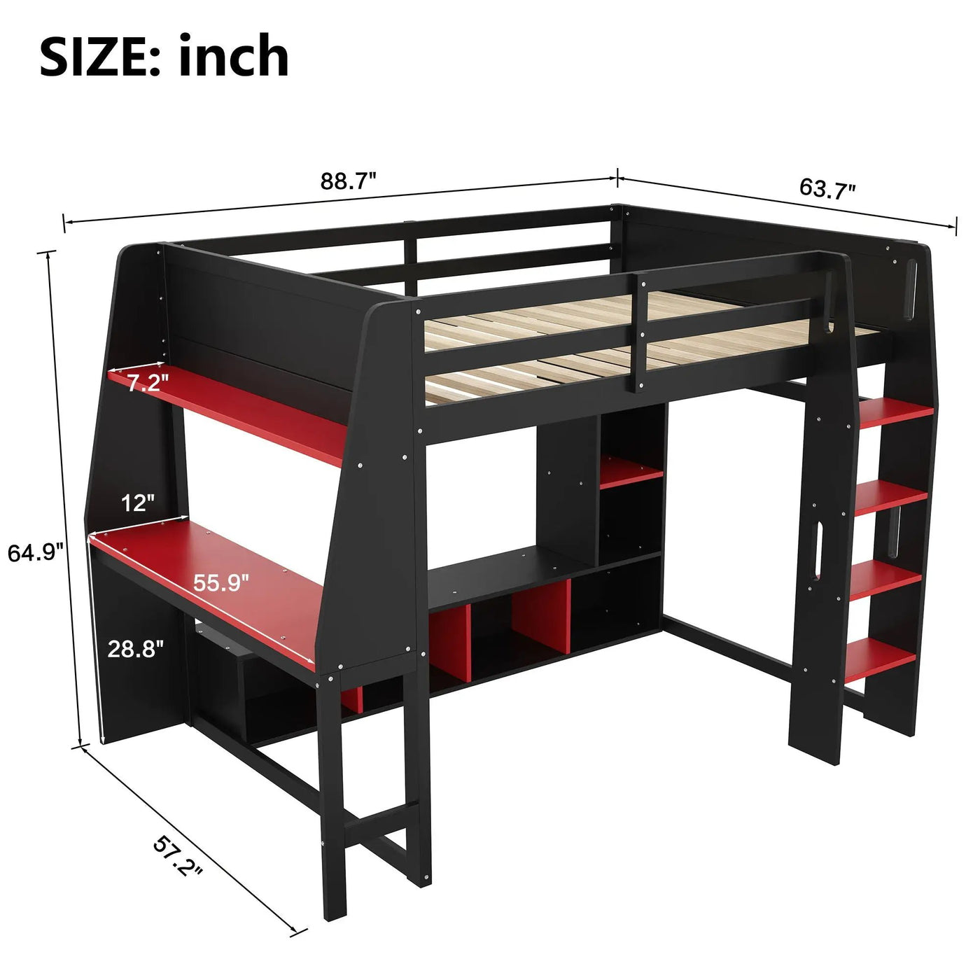 Gaming Loft Bed With Desk, Multi Storage Shelves, LED Lighting, And Hanging Clothes Rack by HouseOfZazla