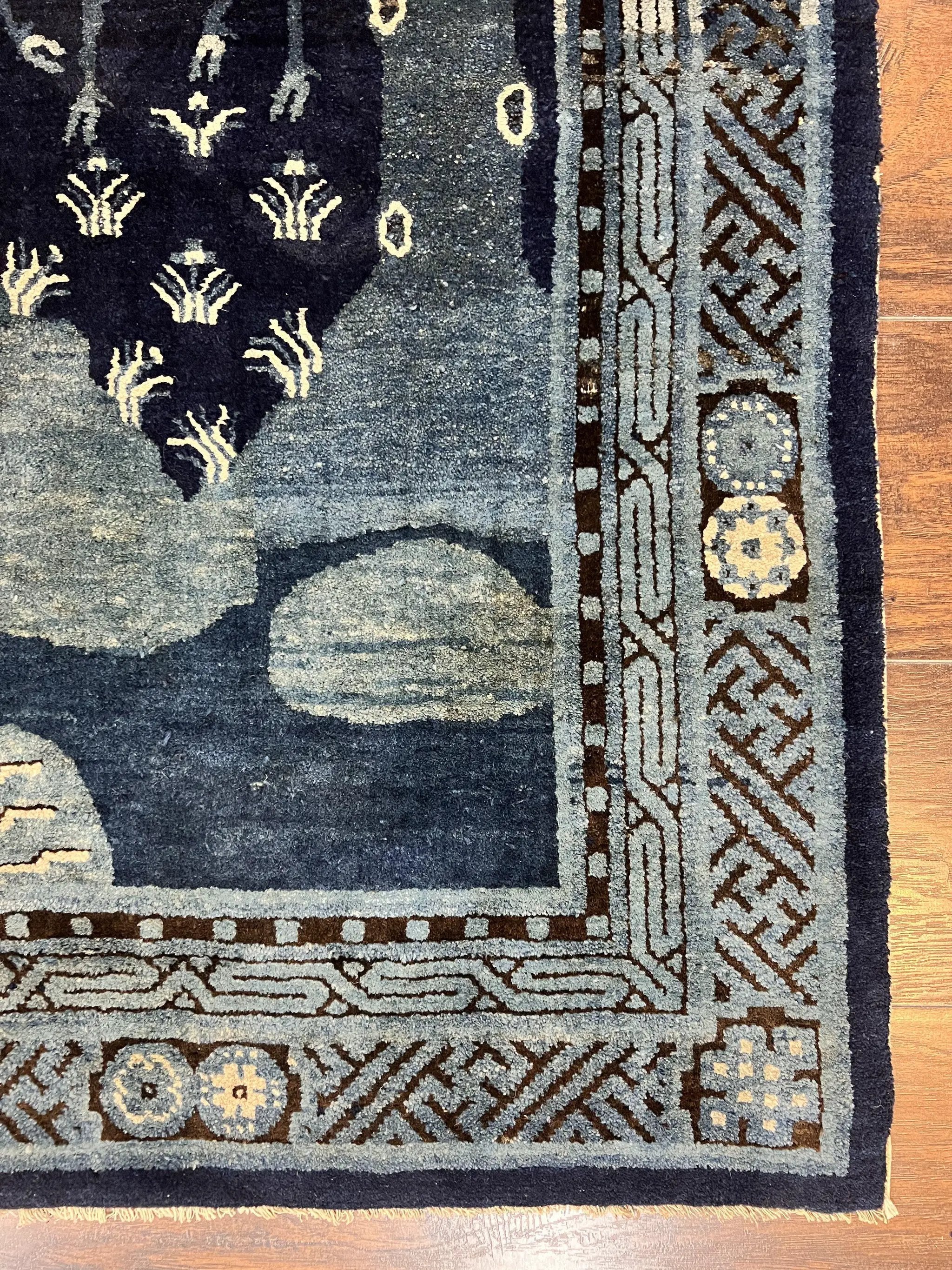 Antique Chinese Peking Rug 3x5, Dark Blue Chinese Wool Rug 3 x 5, Animal Pictorials Deer Birds, Handmade Asian Oriental Chinese Carpet by Jewel Rugs
