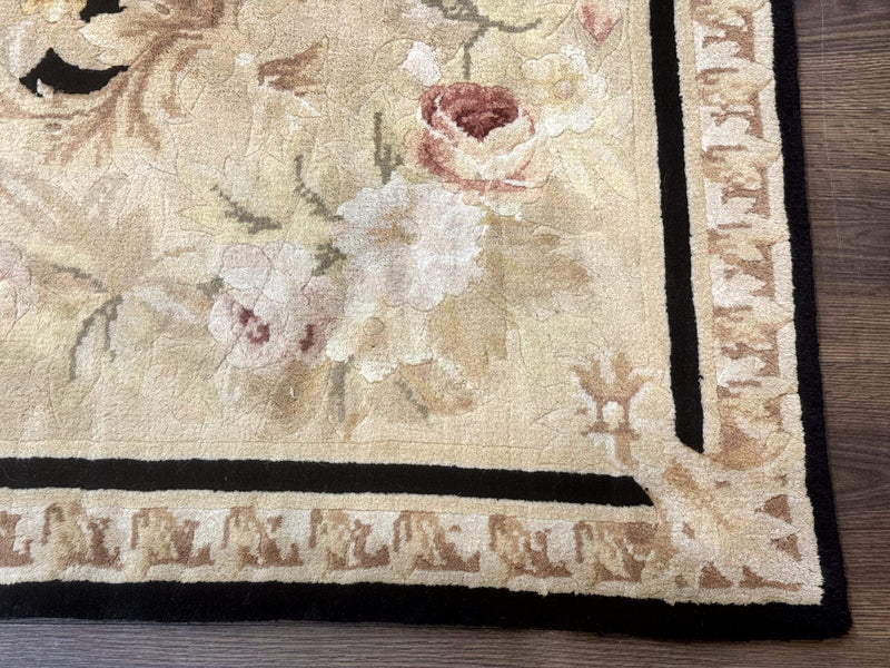 Chinese Aubusson Rug 6x9, Wool Pile, Black, Floral, Elegant by Jewel Rugs