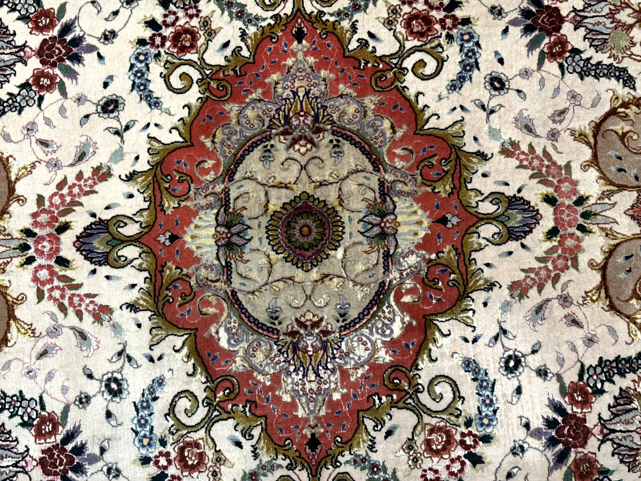 Wonderful Persian Tabriz Rug 5x7, Very Fine 440 KPSI, Ivory and Coral, Rare by Jewel Rugs