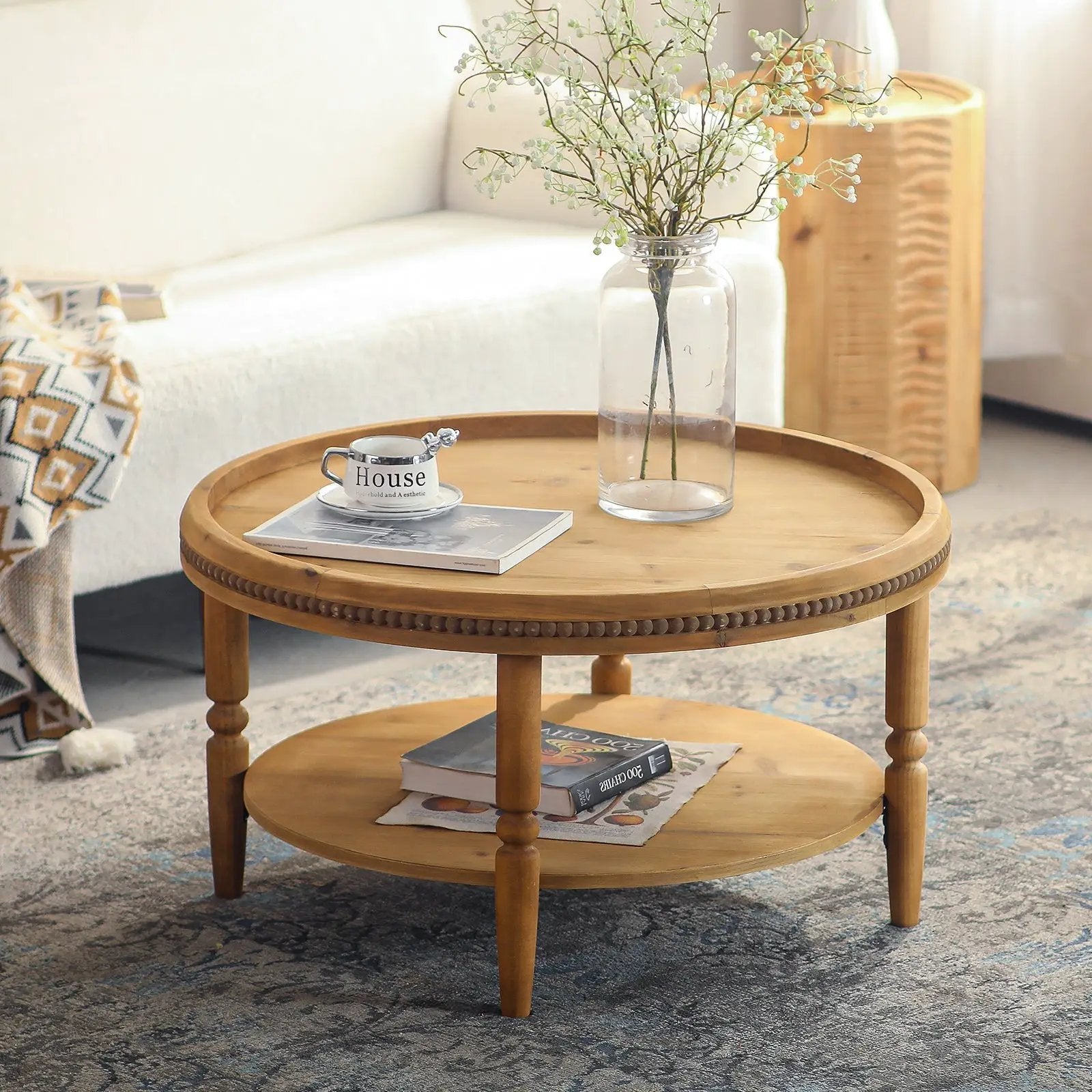 31.3' Round Boho Coffee Table with Storage Shelf by HouseOfZazla