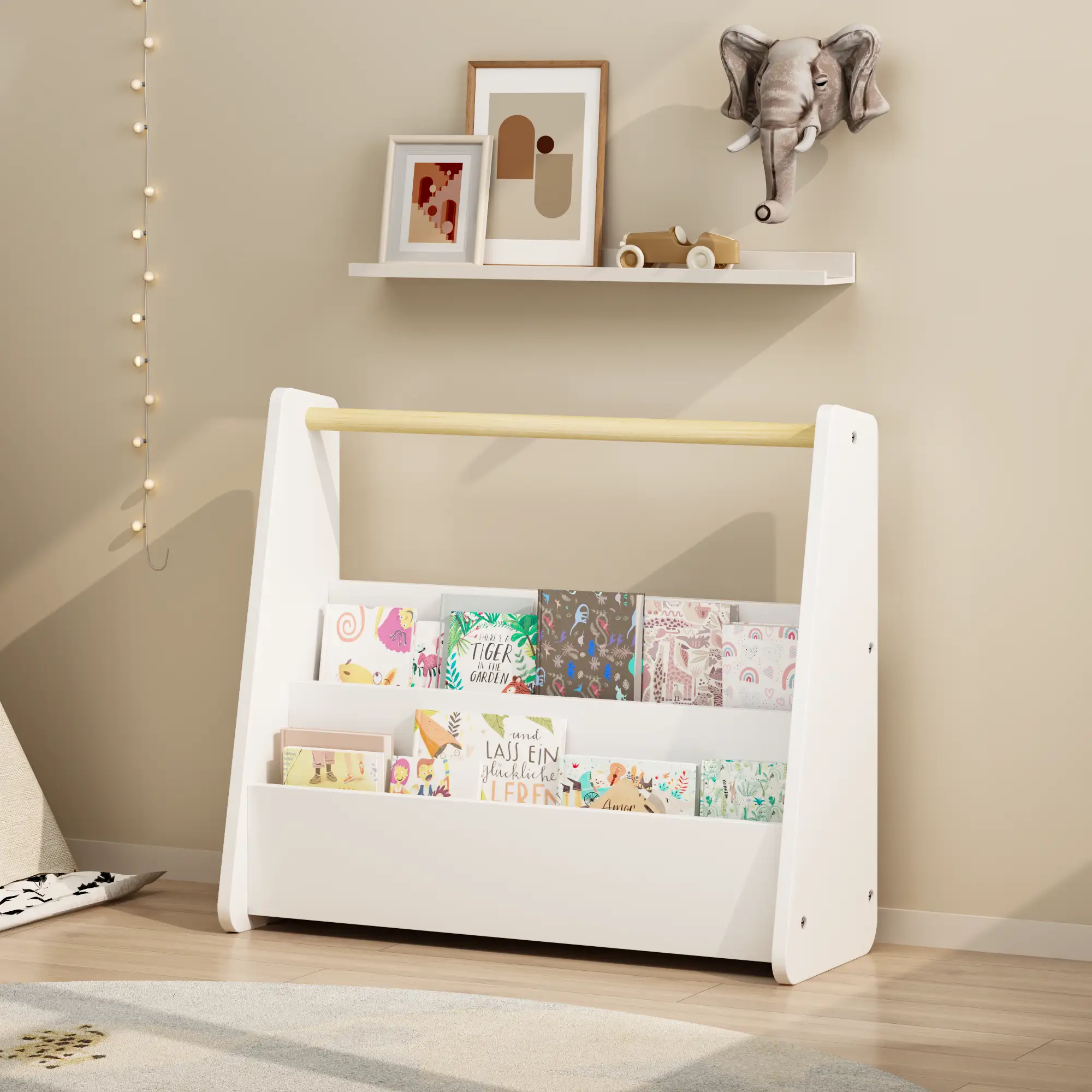 Kids Bookshelf with Wooden Handle - 2-Tier Front-Facing Toddler Bookcase by HouseOfZazla