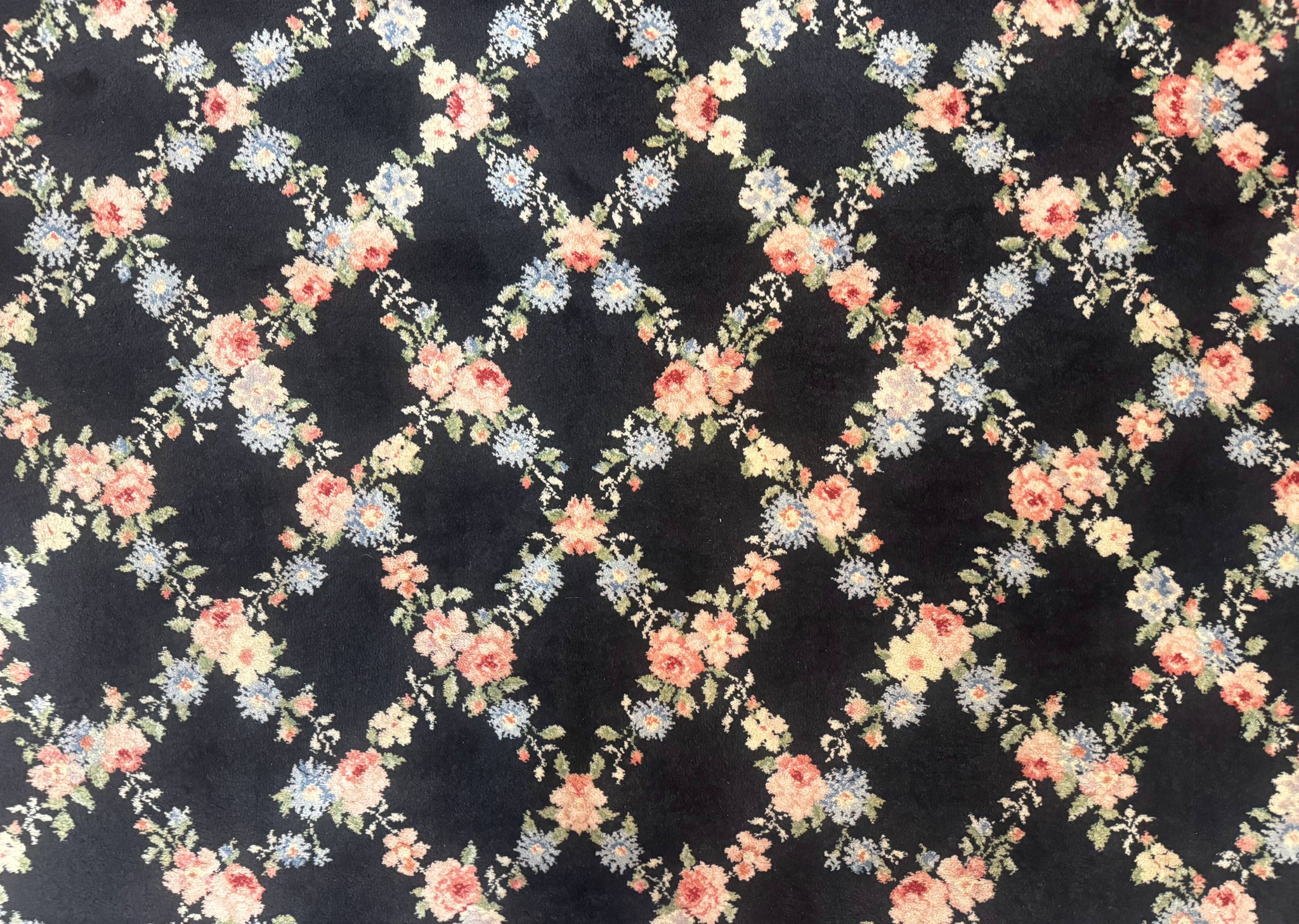 8.8 x 12 Karastan Garden of Eden Rug, Ebony Trellis #509/1270, Black, Floral, Wool Pile, Vintage, Discontinued by Jewel Rugs