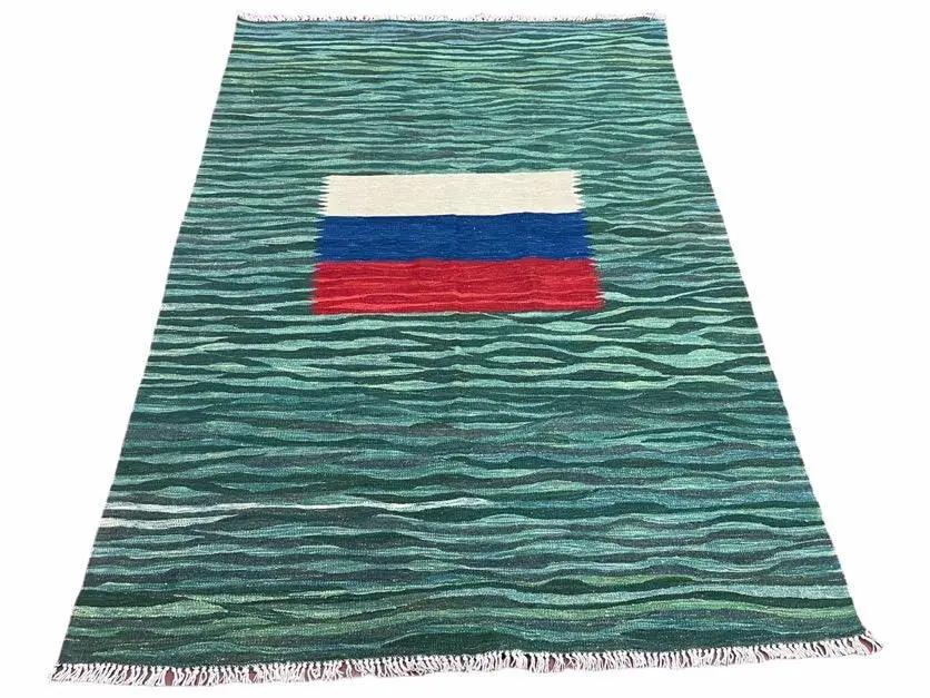 Sea Green Kilim Area Rug, White Blue Red Stripes, Russian Flag Rug, Flatweave Hand Knotted Carpet, Turkish Carpet, Wool, New, 5' 6" x 7' 10" by Jewel Rugs