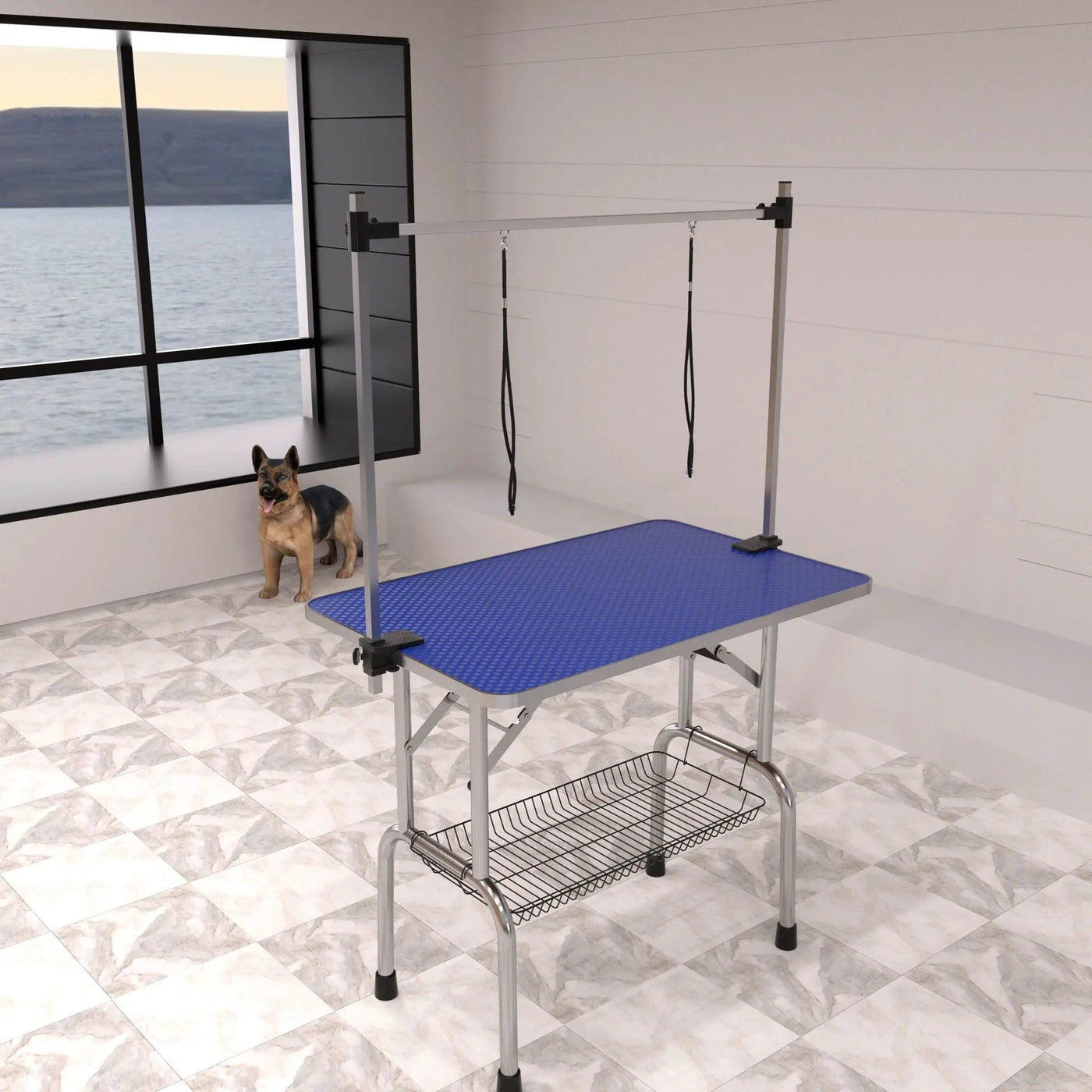 Folding Dog Pet Grooming Table Stainless Steel Frame Rubber Mat On Board With Adjustable Arm And Clamps Pet Dog Cat Grooming Table by HouseOfZazla