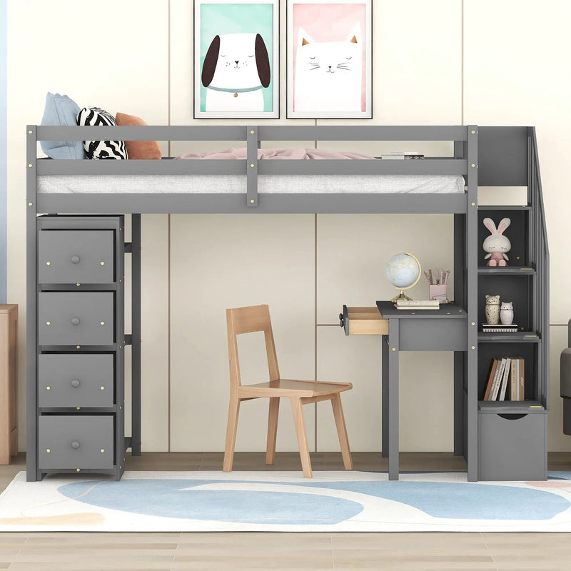 Loft Bed With Storage Drawers, Desk And Stairs With Shelves by Unique Piece Furniture