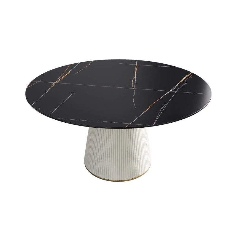 Modern Artificial Stone Round Plywood Base Dining Table, Can Accommodate 8 People, (Not Including Chairs) - Black / Beige by HouseOfZazla