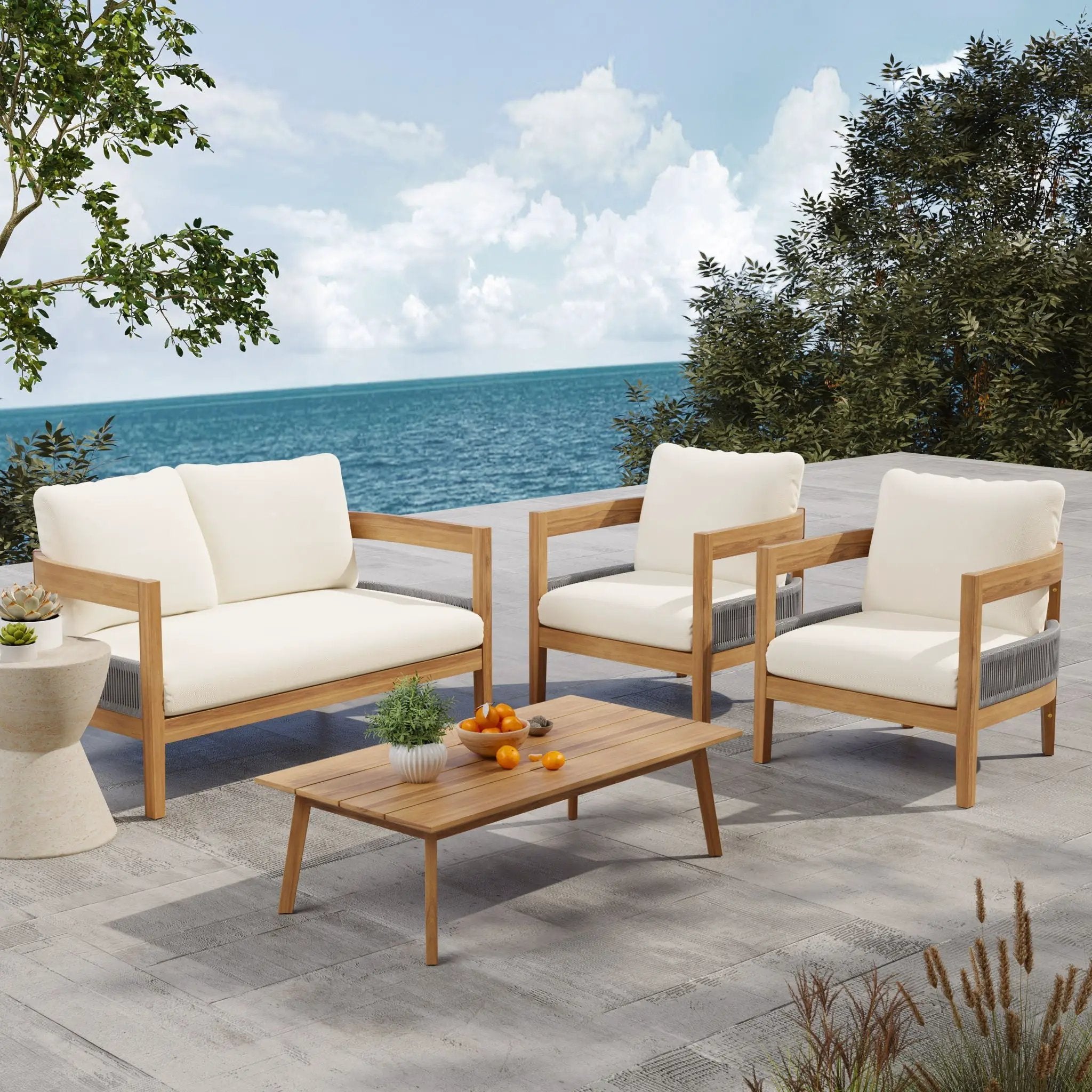 Porto Outdoor Loveseat & Table - Beige / Teak by HouseOfZazla