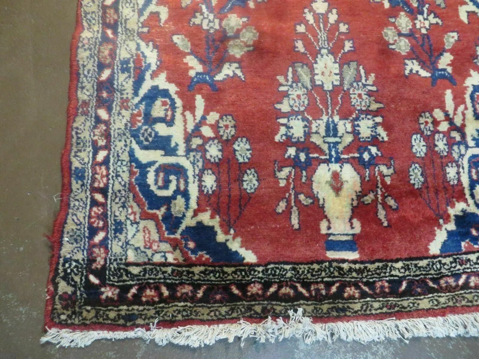 Persian Runner Rug 3 x 12, Antique Wool Oriental Runner, Floral Vases, Red & Navy Blue by Jewel Rugs