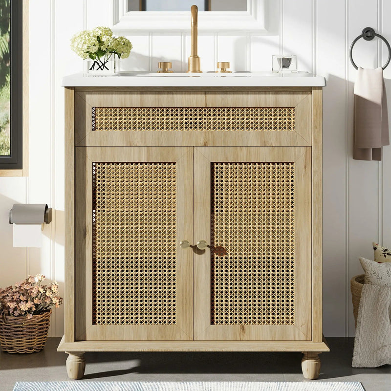 Bathroom Vanity With Handwoven Rattan Doors, Resin Basin - Natural Wood by HouseOfZazla