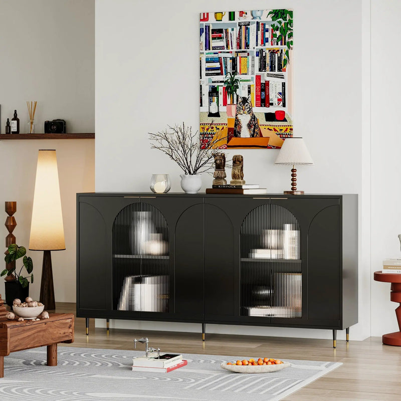 Accent Cabinet Lacquered Wooden Cabinet With 4 Glass Doors Sideboard Buffet Server Cabinet Storage Cabinet, For Living Room, Entryway, Hallway, Office, Kitchen And Dining Room by HouseOfZazla