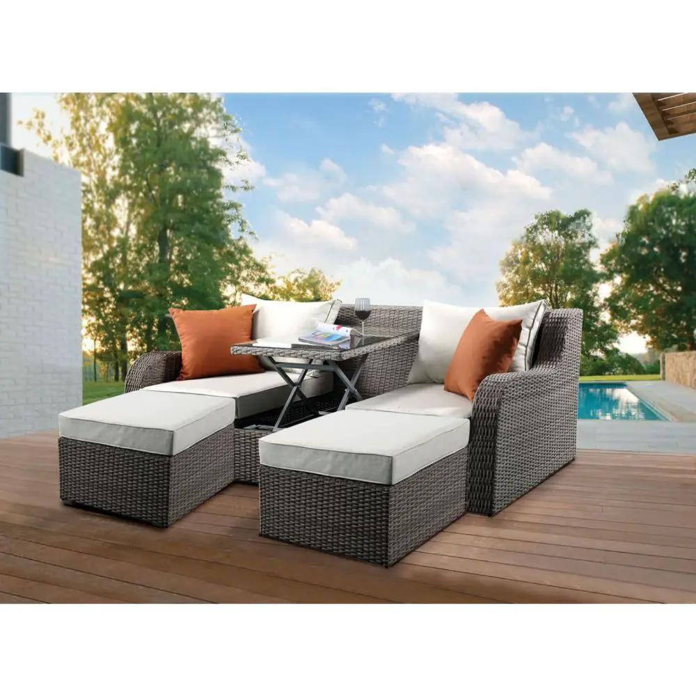 Salena - Patio Sofa With 2 Pillows & 2 Ottomans - Beige Fabric & Gray Wicker by Unique Piece Furniture