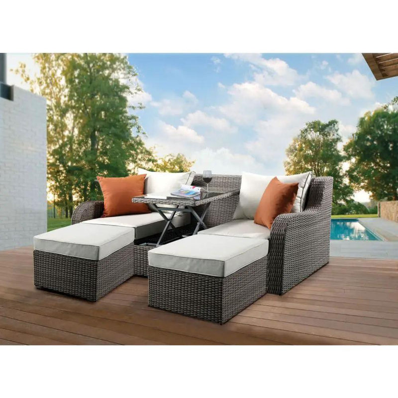 Salena - Patio Sofa With 2 Pillows & 2 Ottomans - Beige Fabric & Gray Wicker by Unique Piece Furniture