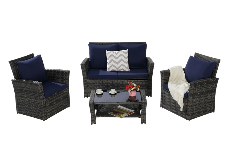 4 Pieces Outdoor Patio Furniture Set with Rattan Chairs and Tempered Glass Table by HouseOfZazla