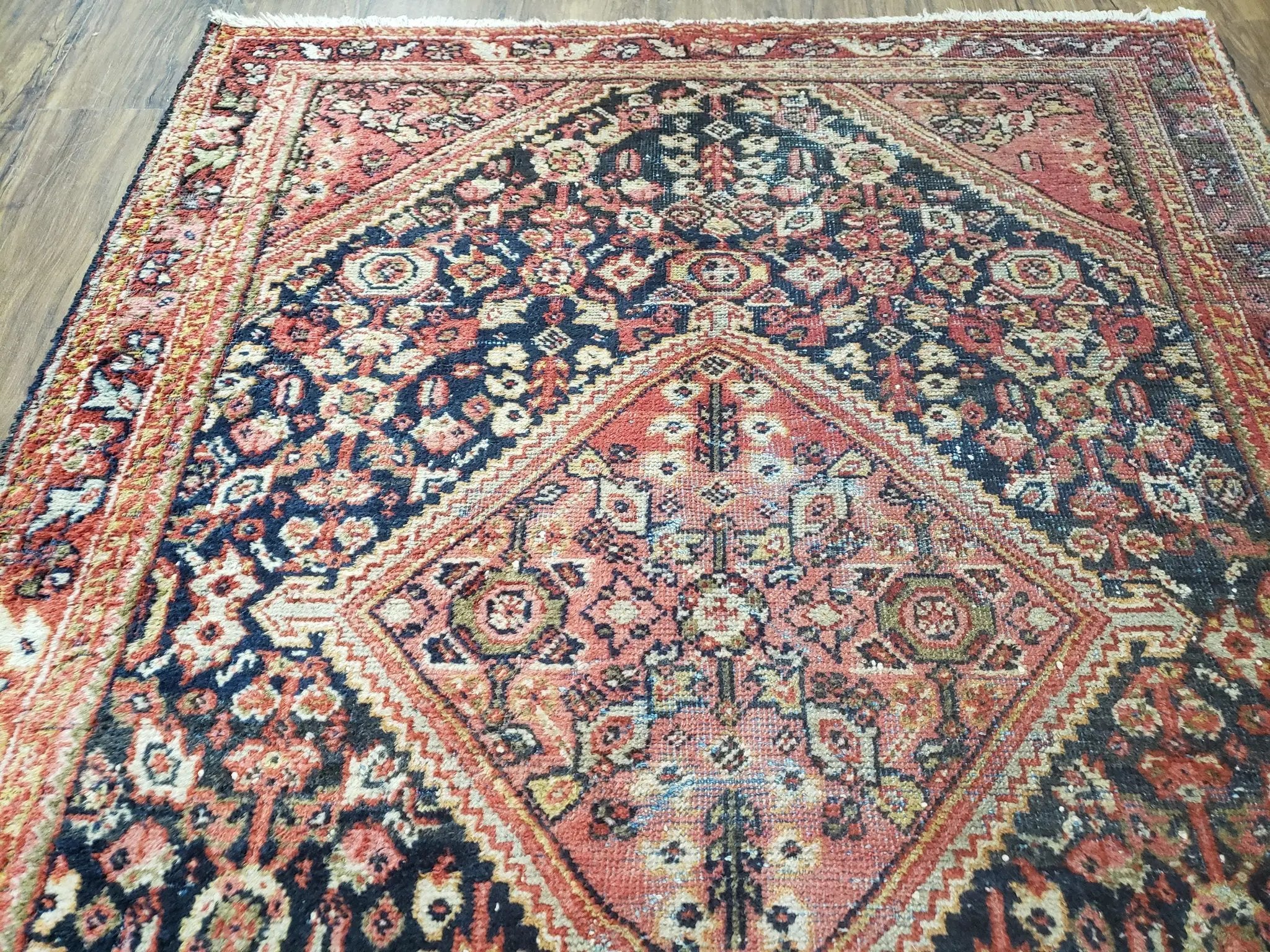 Antique Persian Mahal Area Rug 4.4 x 6.6, Wool Hand-Knotted Shabby Chic Oriental Rug, Red Black 1930s Foyer Room Carpet, Low Pile Boho Rug by Jewel Rugs