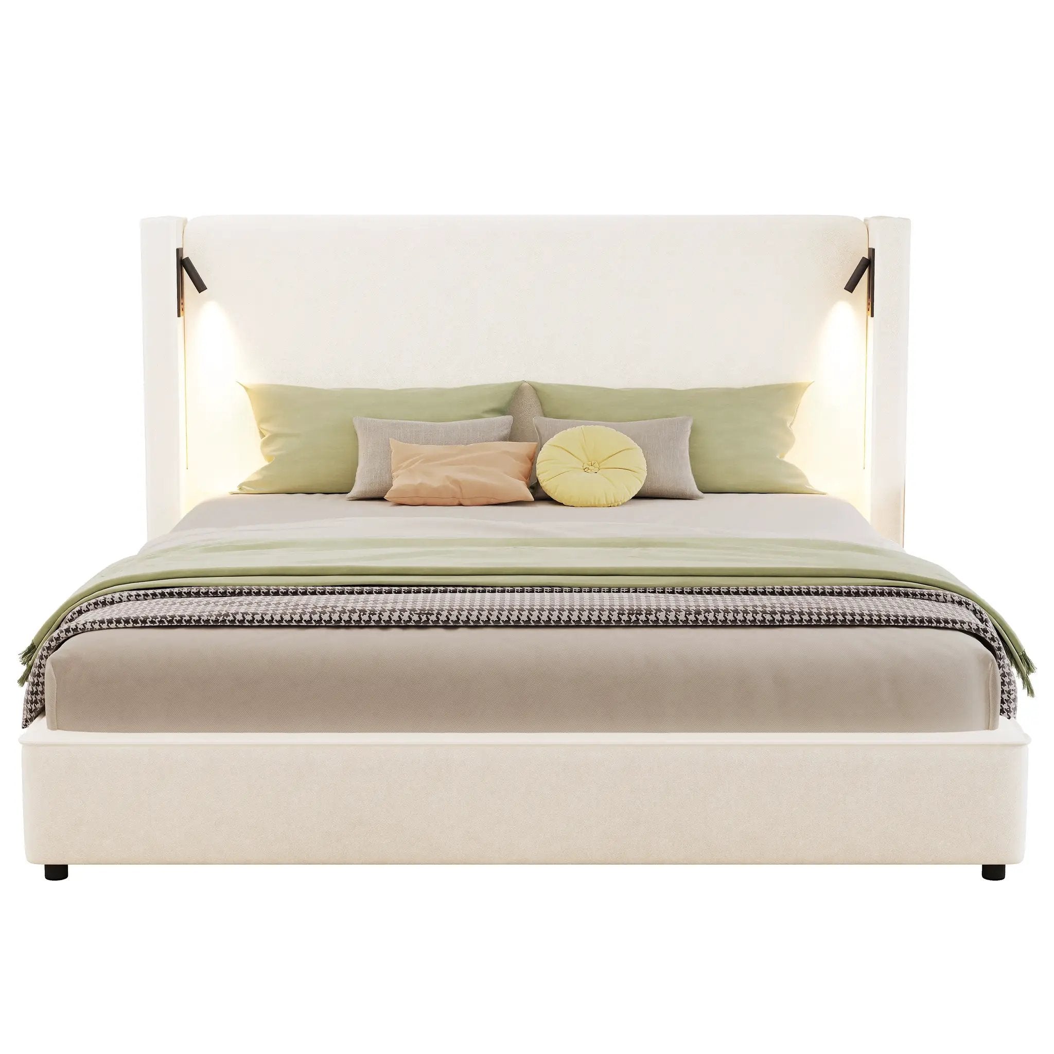 California King Size Upholstered Bed Frame with High Wingback Headboard, Reading Lamp and USB Port by HouseOfZazla