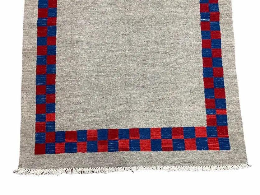 5' 7" x 7' 9" Geometric Kilim Carpet, Gray, Handmade, Hand-Knotted Area Rug, Blue & Red, Flatweave, Wool, New, Checkerboard Pattern by Jewel Rugs