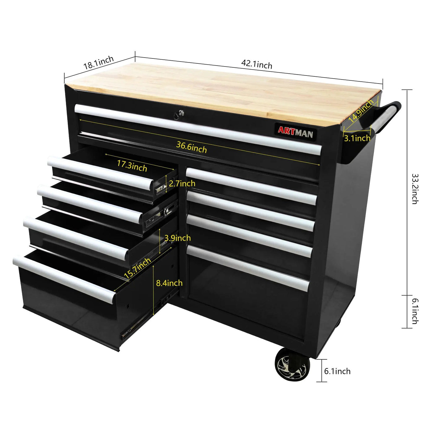 9 Drawer Multifunctional Steel Tool Cart With Wheels And Wooden Top by HouseOfZazla
