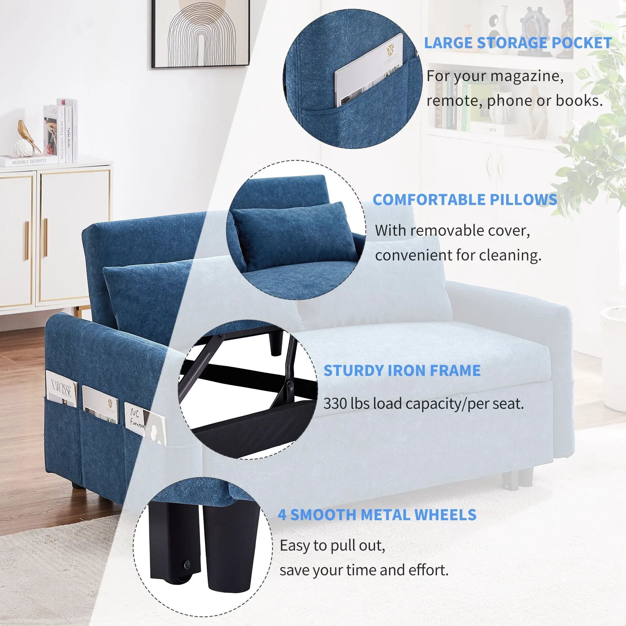 Pull Out Sleep Sofa Bed Loveseats Sofa Couch With Adjsutable Backrest, Storage Pockets, 2 Soft Pillows, USB Ports For Living Room, Bedroom, Apartment, Office by HouseOfZazla