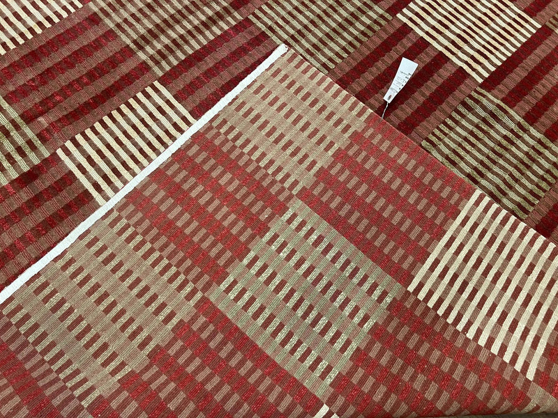 Modern Tibetan Rug 8x10, Hand Knotted Contemporary Nepali Carpet 8 x 10, Checkerboard Design, Red Cream Light Brown, Very Fine Wool & Silk by Jewel Rugs