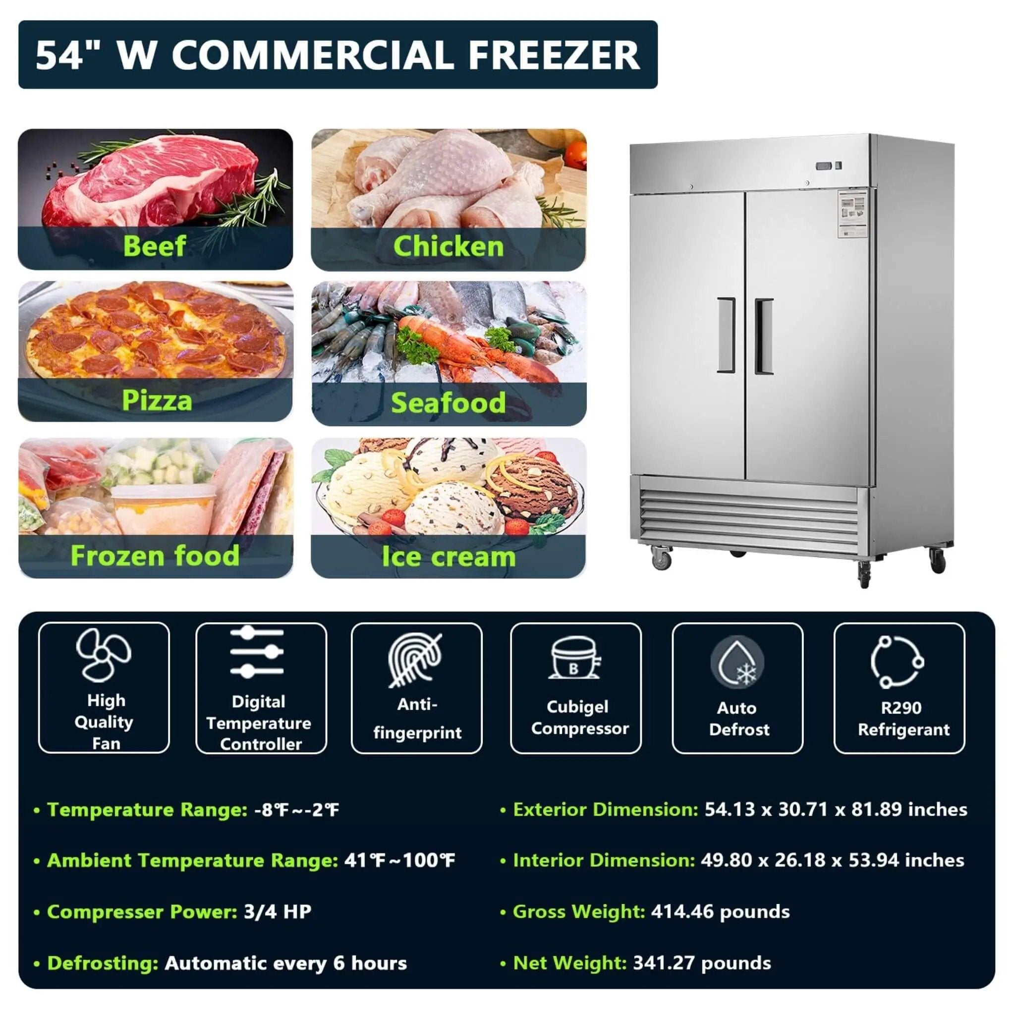 54-Inch 42.2 Cu.Ft Commercial Stainless Steel 2-Section Upright Reach-In Freezer (SAK35148) by SAKSBY WHOLESALE