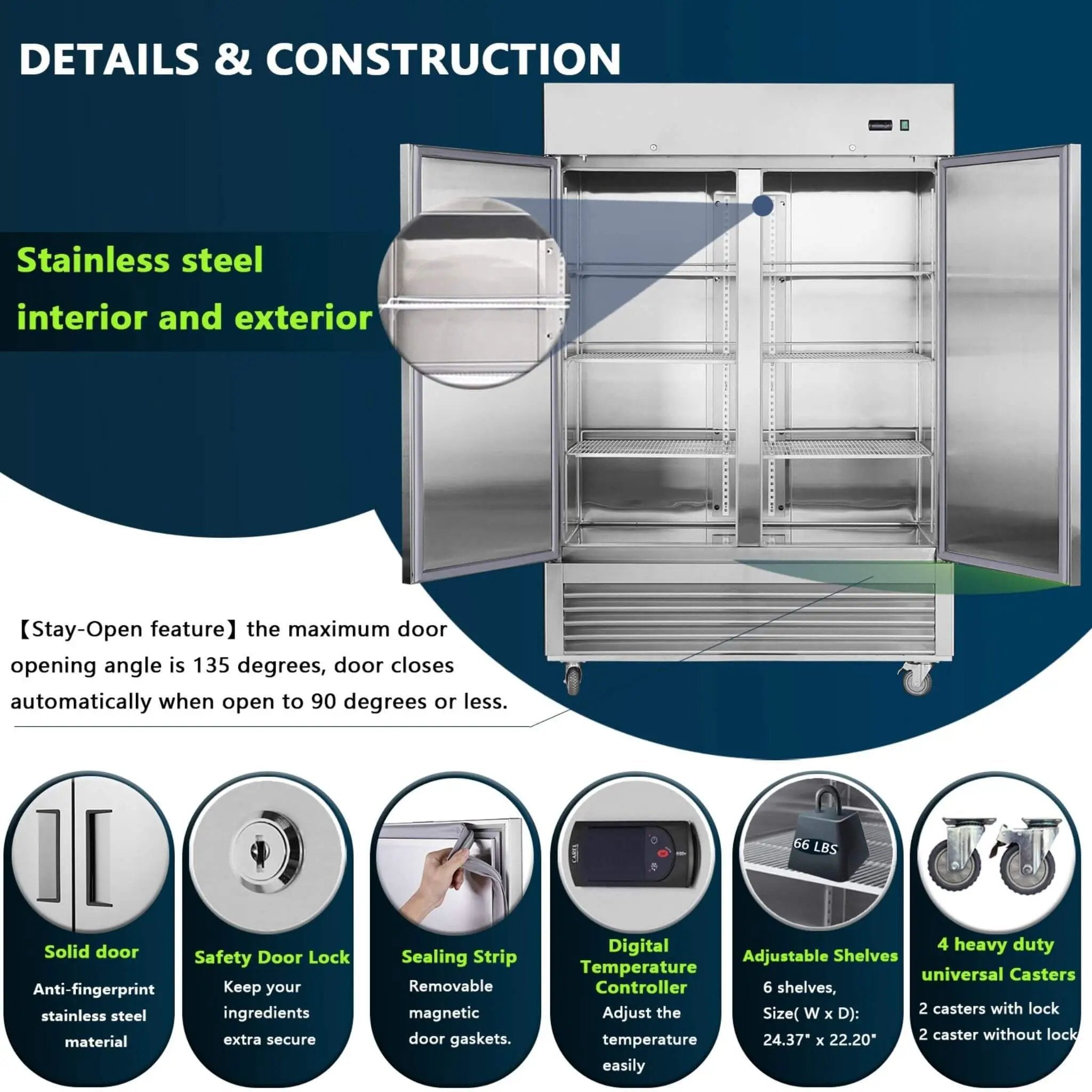 54-Inch 42.2 Cu.Ft Commercial Stainless Steel 2-Section Upright Reach-In Freezer (SAK35148) by SAKSBY WHOLESALE
