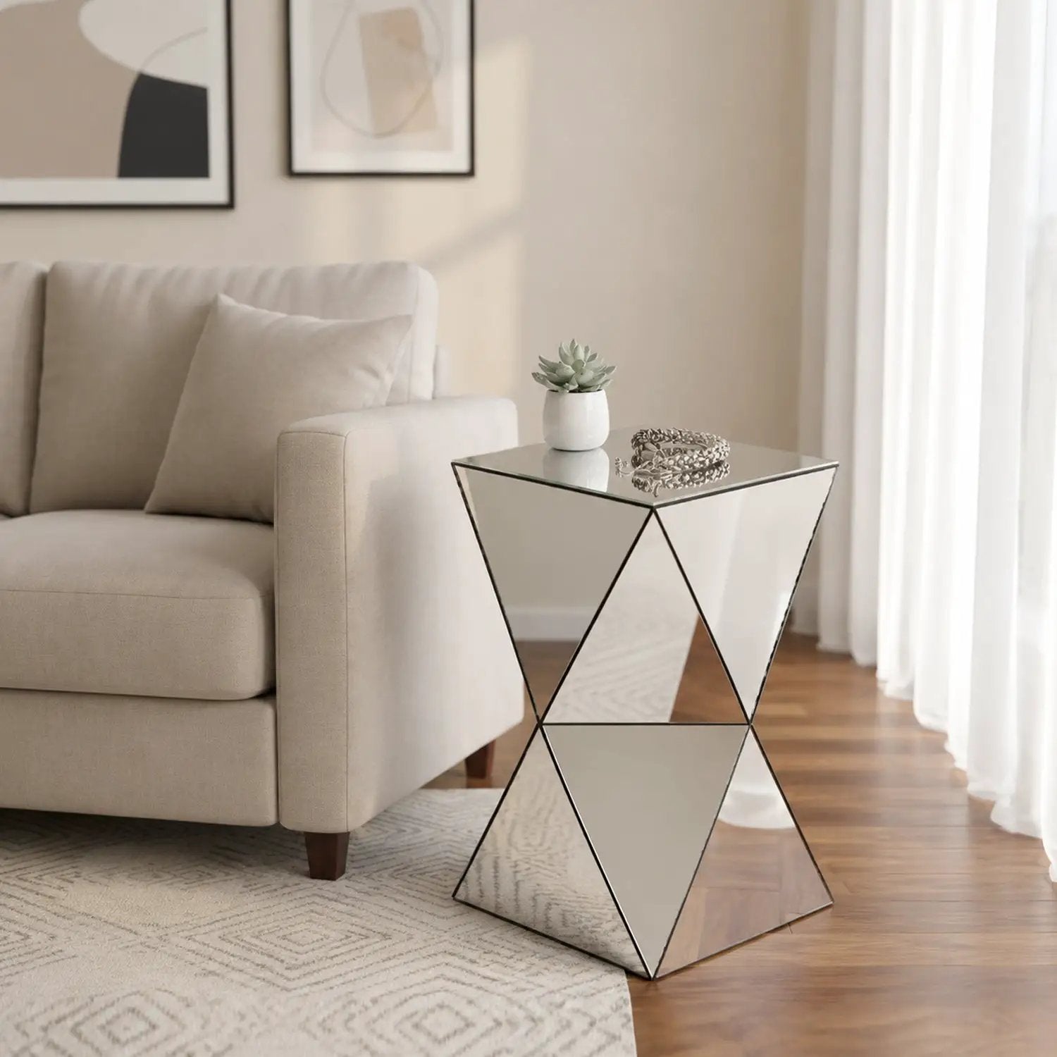 Silver Mirrored Geometric Side Table by HouseOfZazla
