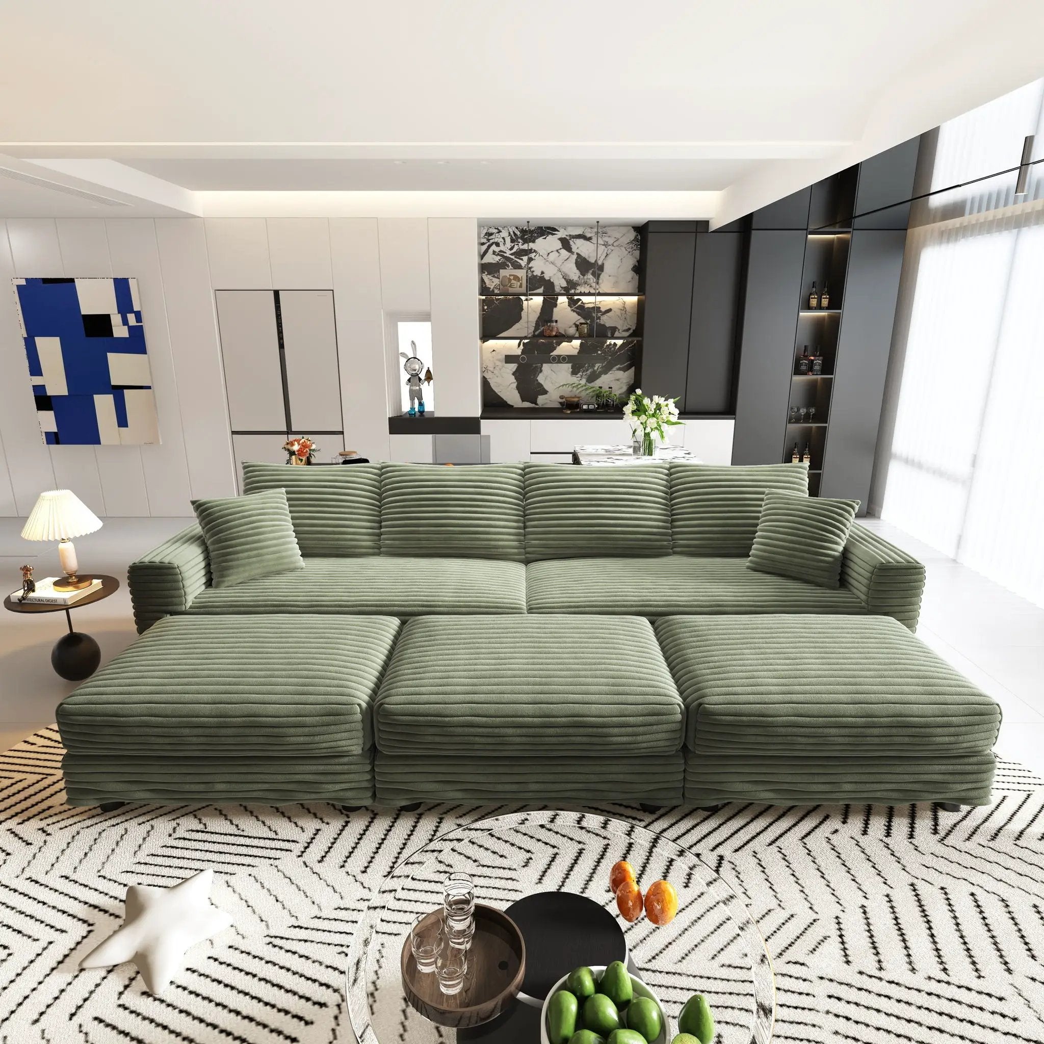 Convertible Deep Seat Sofa With Soft Pillows And Ottomans