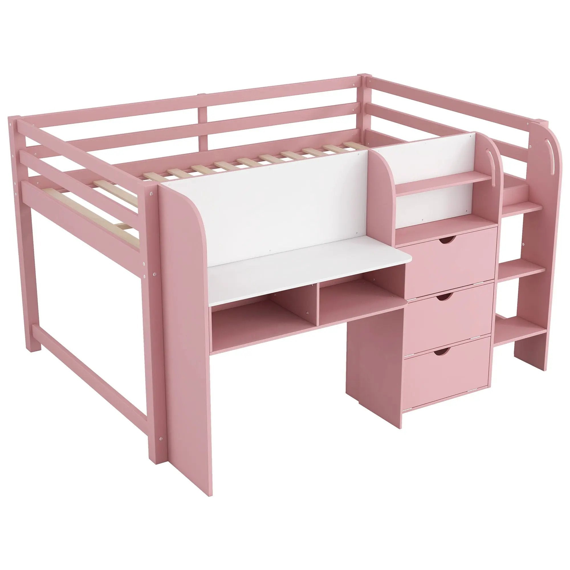Low Loft Bed With Built In Desk, Storage Cabinets, Open Bookcase And Doodle board by Unique Piece Furniture