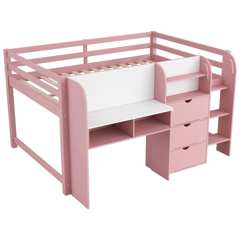 Low Loft Bed With Built In Desk, Storage Cabinets, Open Bookcase And Doodle board by HouseOfZazla