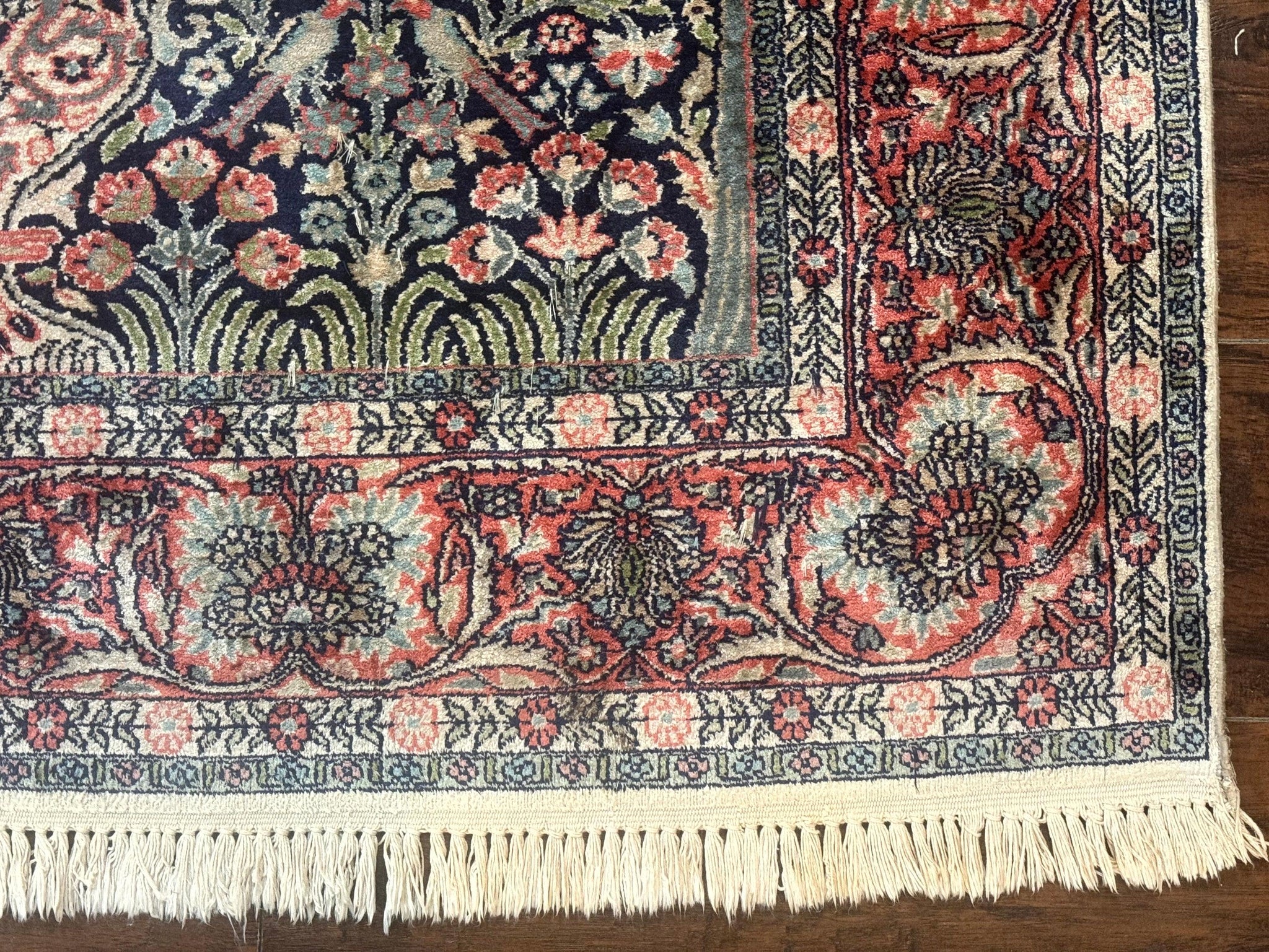 Silk Indian Kashmiri Rug 4x6, Tree of Life Pattern, Birds, Fine 290 KPSI, Navy Blue and Red, Handmade Oriental Carpet by Jewel Rugs