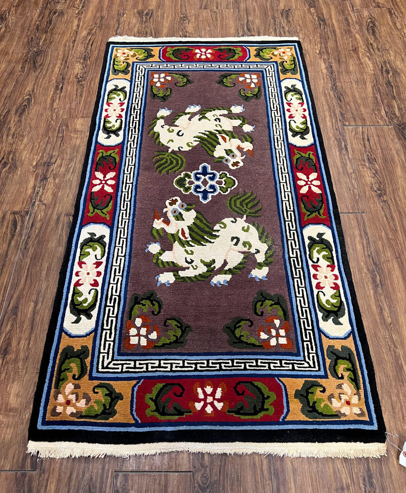 Chinese Art Deco Rug 3 x 5.5 with Animal Pictorials, Vintage Chinese Peking Wool Area Rug, Dark Puce Maroon Ivory, Hand Knotted Soft Carpet by Jewel Rugs