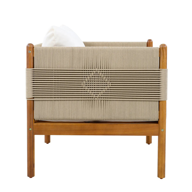 Outdoor Acacia Wood Club Chair with Diamond Rope Weave & Cushions, Teak Finish by HouseOfZazla