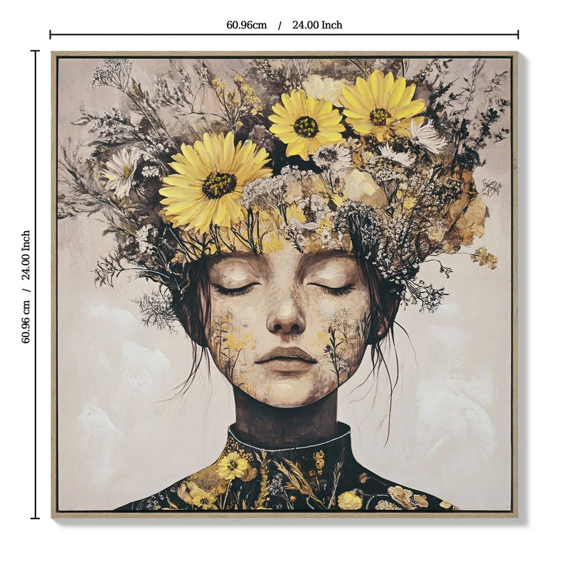 Beauty Lady Wall Art Gold and White Floral Canvas Artwork 24x24 Inch by HouseOfZazla