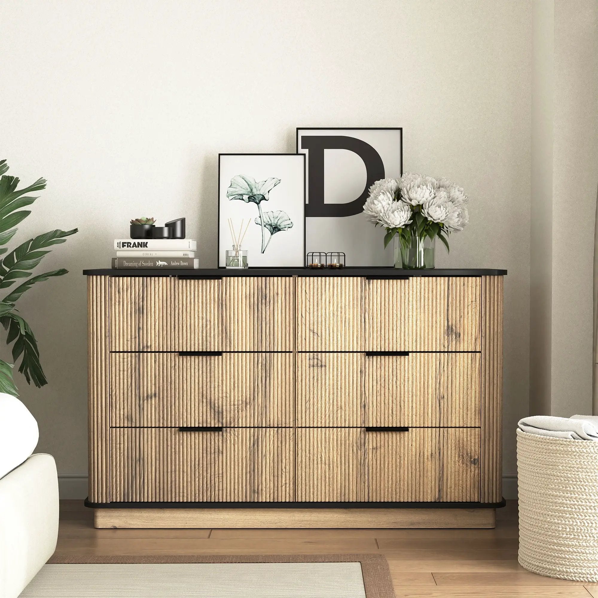 Modern 6 Drawer Cabinet With Metal Rounded Corners And Exquisite Handles Multi Functional Storage - Natural Wood by HouseOfZazla