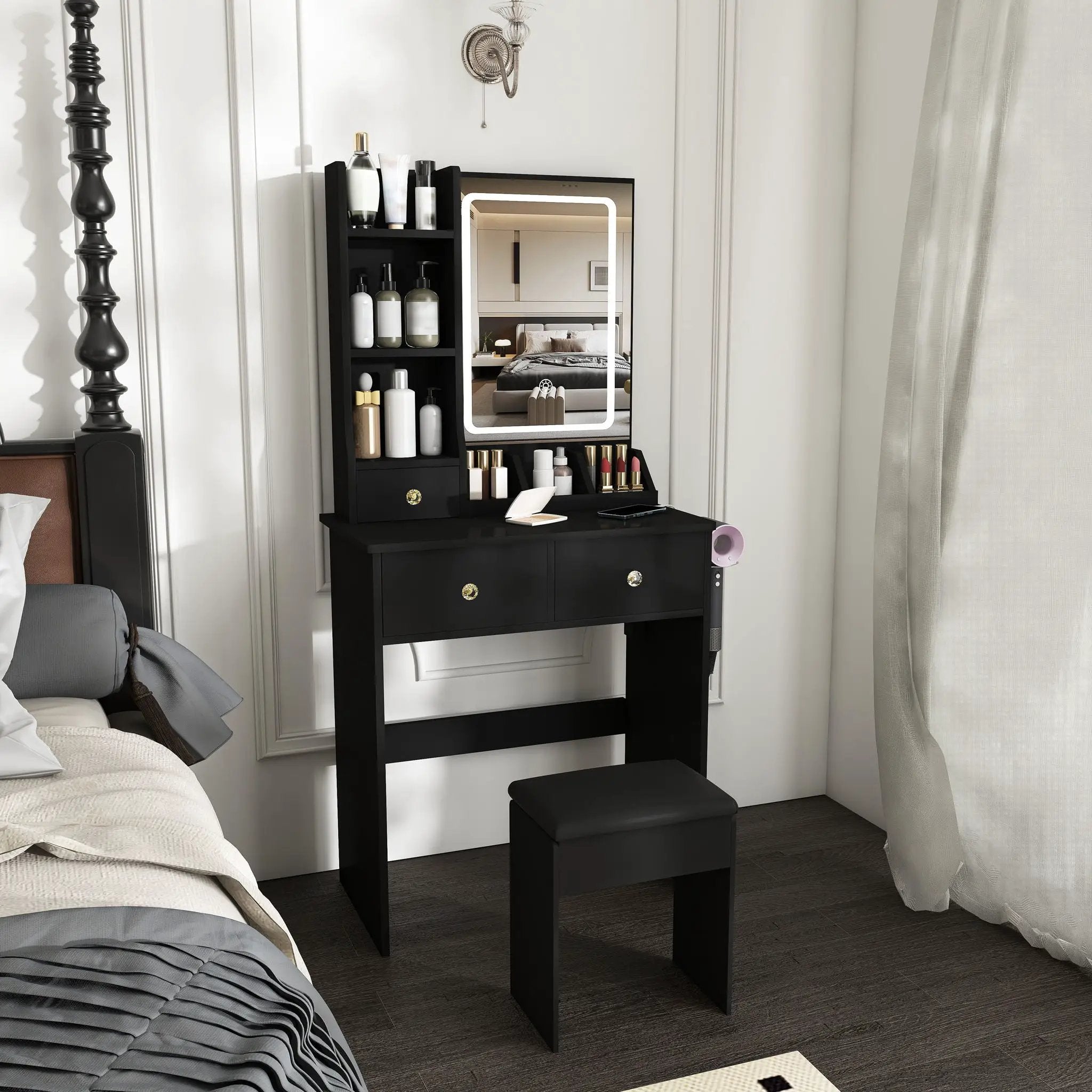 Modern Small Vanity Desk With 3 LED Lighting Modes, 3 Drawers by HouseOfZazla