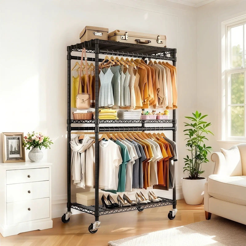 Heavy Duty Rolling Clothes Rack With 3 Tier Shelves, 2 Rails & Side Hooks by HouseOfZazla