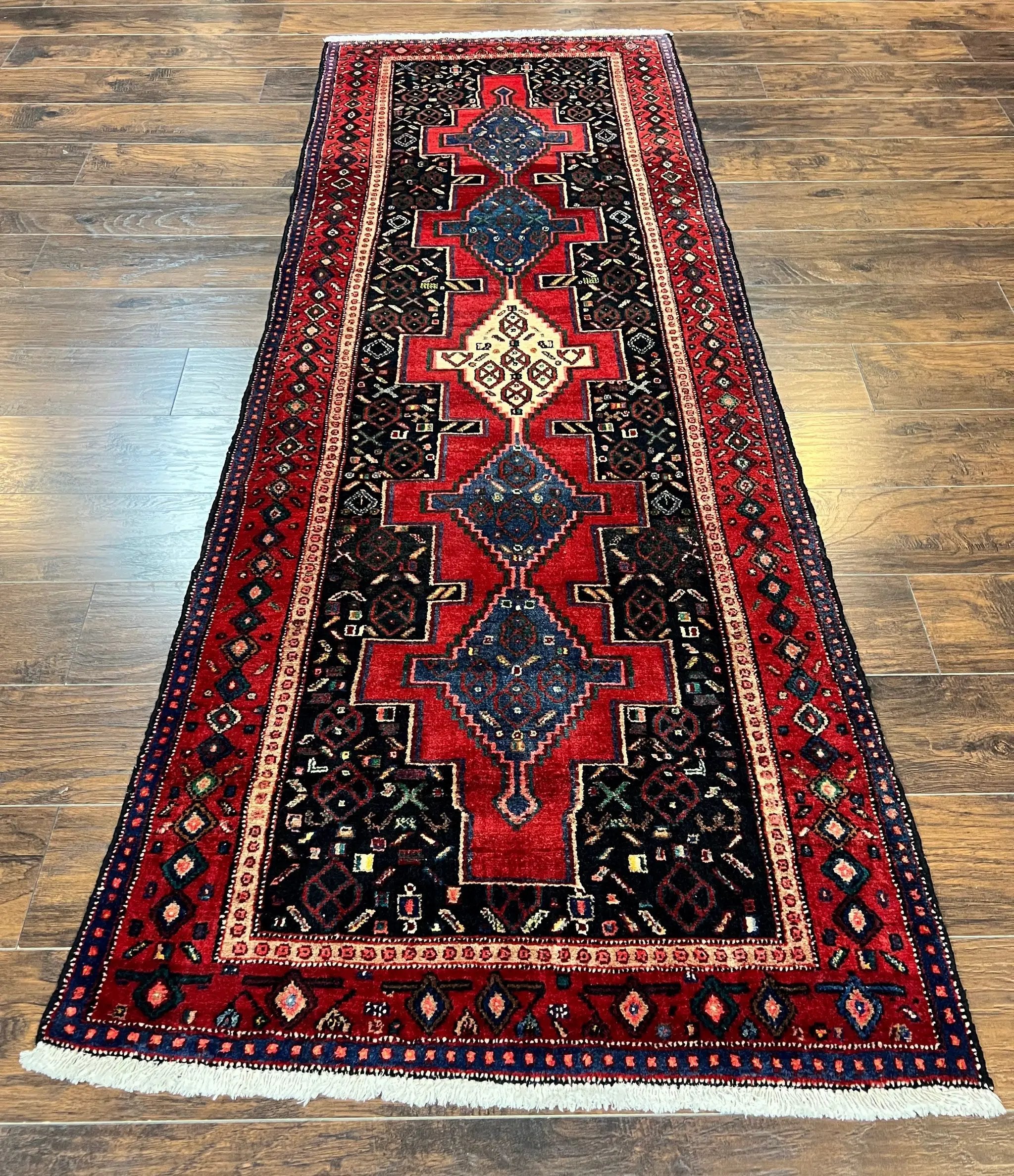 Persian Kurdish Senneh Runner Rug 3x9, Red Navy Blue, Medallions Wool Tribal Runner for Kitchen/Hallway 9ft Antique Handmade Oriental Runner by Jewel Rugs