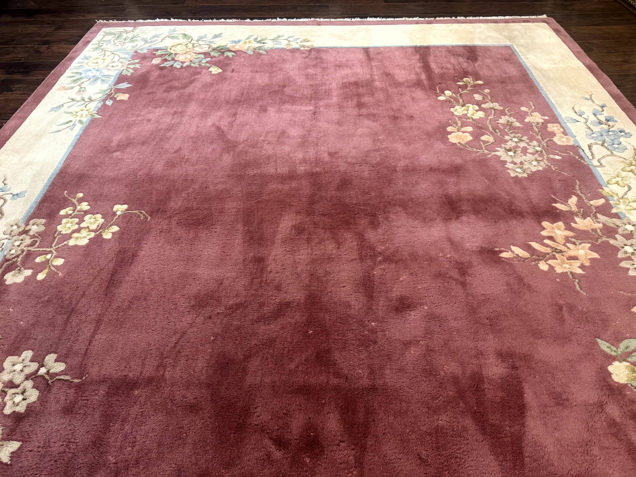 Indo Chinese Art Deco Rug 9x12, Pink and Ivory, Open Filed, Floral, Wool by Jewel Rugs
