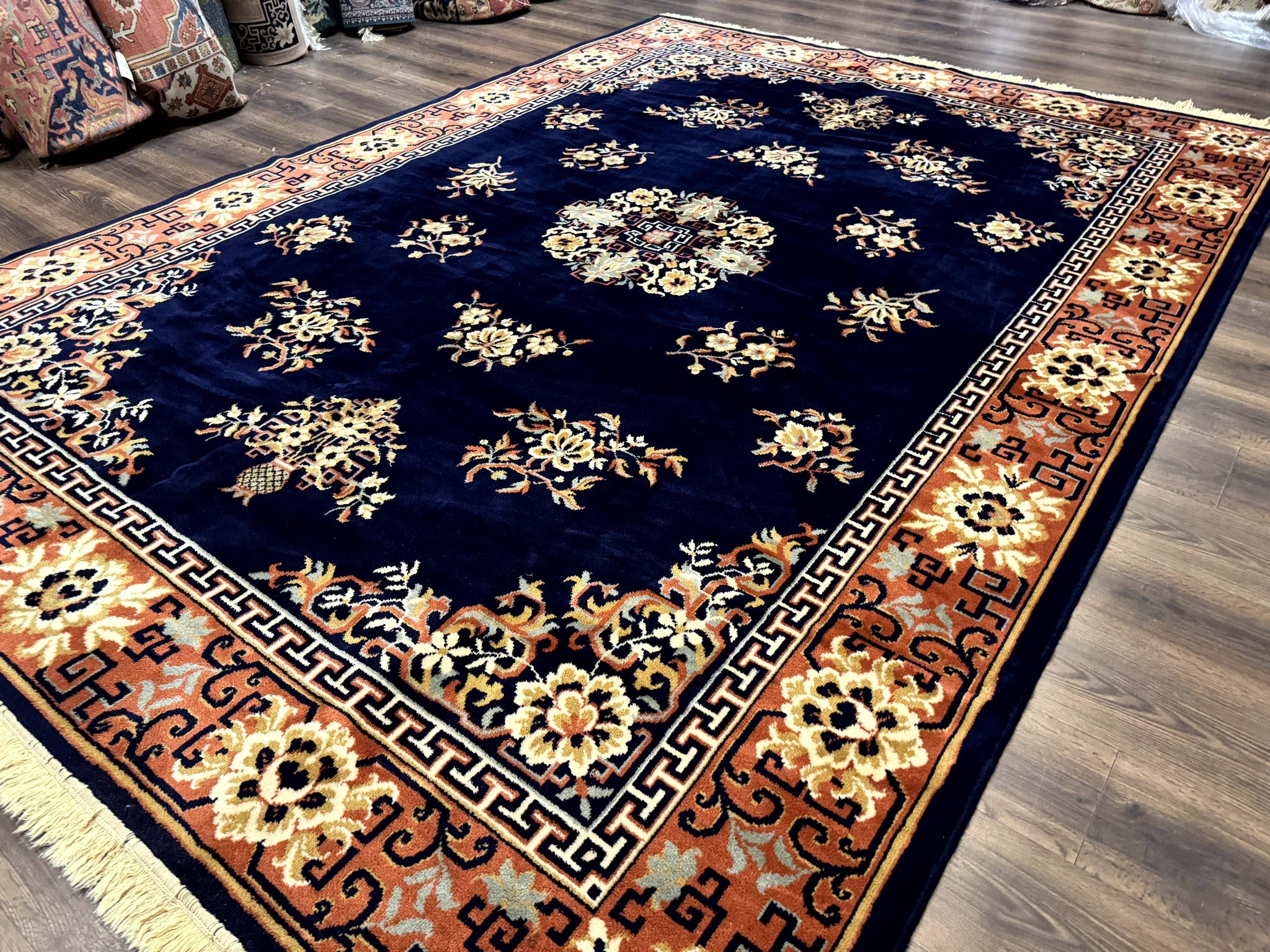 Chinese Wool Rug 8x11, Navy Blue and Terracotta, Floral, Couristan Belgium Power Loomed Carpet by Jewel Rugs