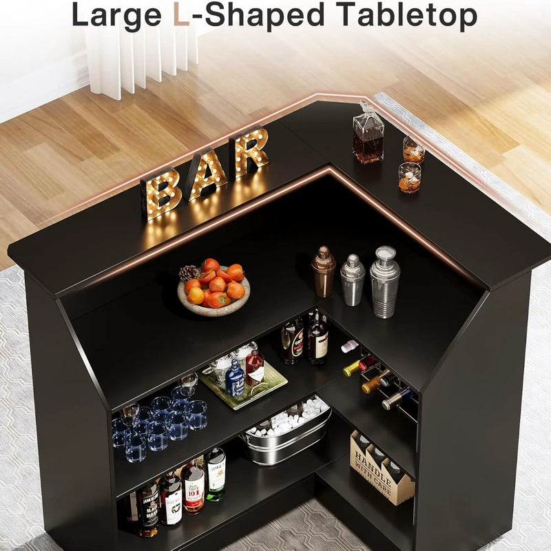 L-Shaped Home Bar Cabinet With Stemware Racks, 4 Tier Corner Unit, Liquor Wine Bar Table & Reception Desk For Home Pub - Black by HouseOfZazla